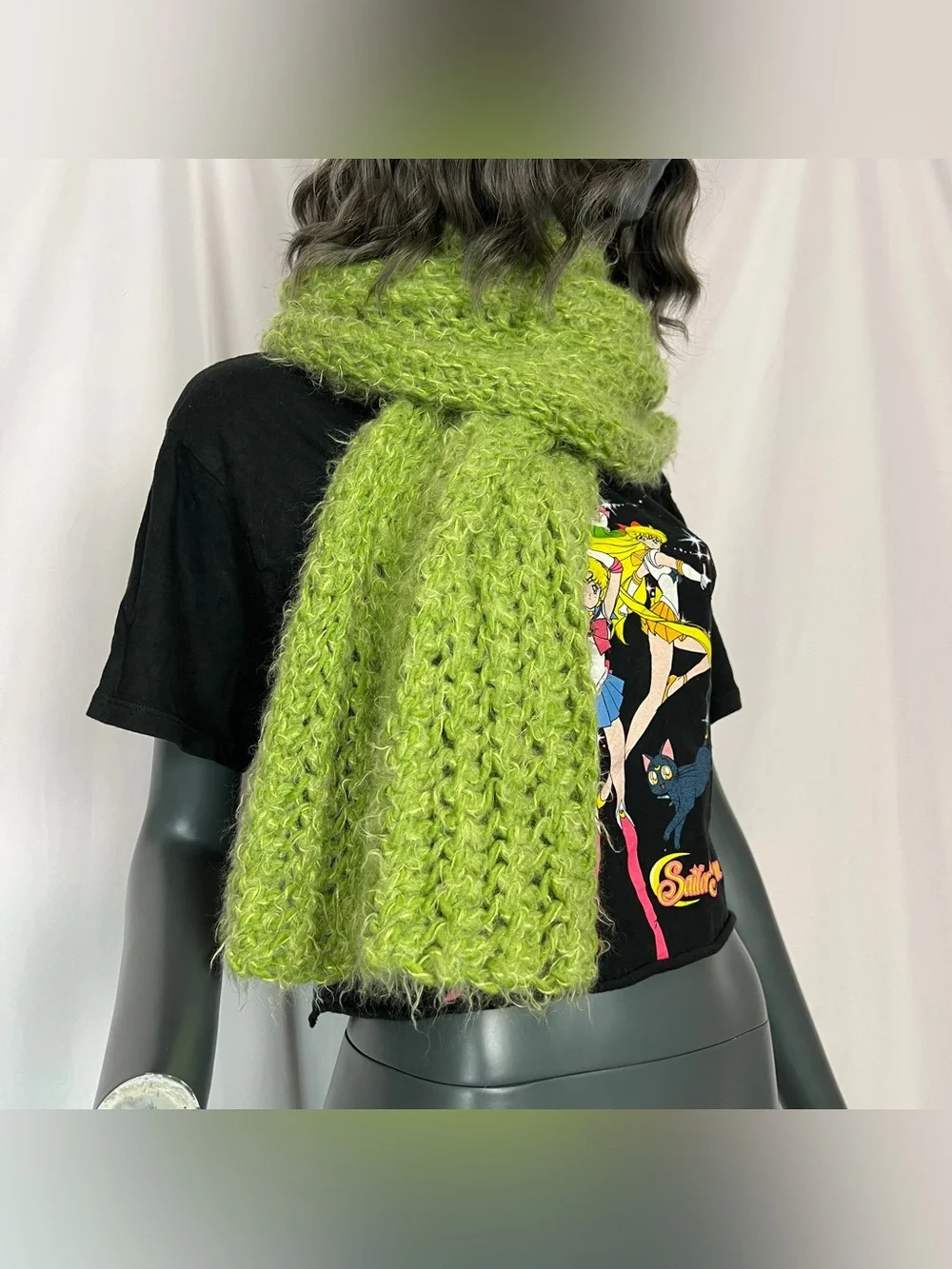Chartreuse Green Fuzzy Open Knit Scarf